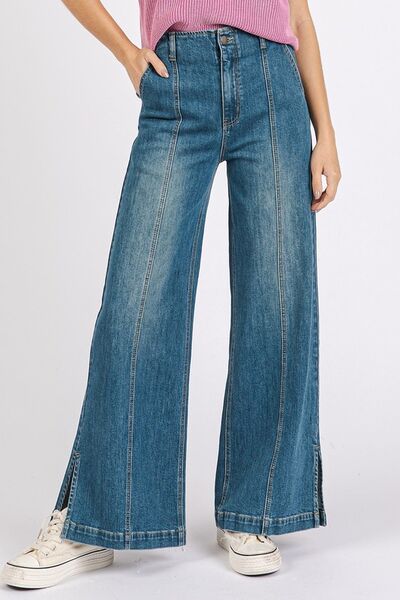 Hazel Blues® |  Mittoshop Medium Wash Seam Detail Wide Leg Denim Jeans