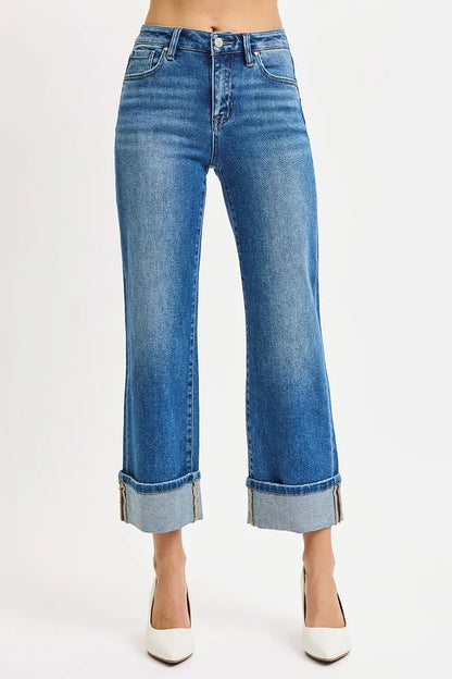 Hazel Blues® | RISEN Mid Rise Crop Straight Cuffed Jeans