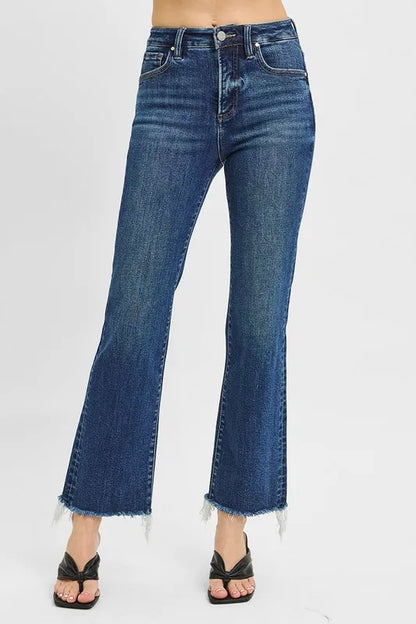 Hazel Blues® |  RISEN Tummy Control High Rise Crop Straight Raw Cut Hem Jeans