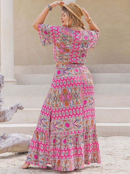 Hazel Blues® | Printed V-Neck Half Sleeve Top and Skirt Set