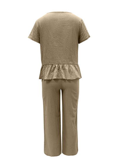 Hazel Blues® |  Peplum Round Neck Short Sleeve Top and Pants Set