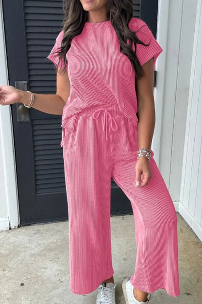 Hazel Blues® |  Corded Knit Short Sleeve T-Shirt and Wide Leg Pants Set