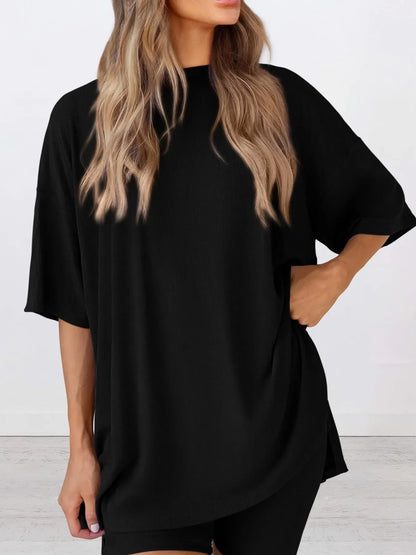 Hazel Blues® | Oversized Slit Round Neck Top and Shorts Lounge Set