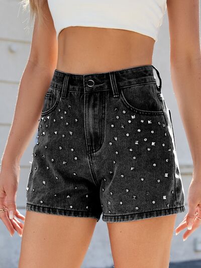 Hazel Blues® |  Rhinestone Washed High Waist Denim Shorts