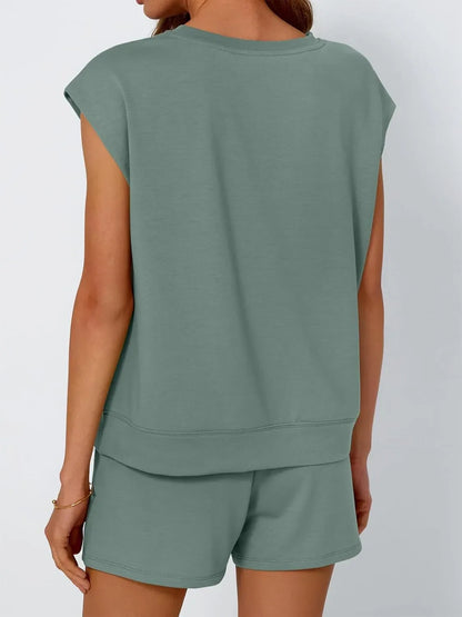 Hazel Blues® |  Round Neck Cap Sleeve Top and Shorts Set