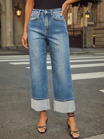 Hazel Blues® |  High Waisted Straight Leg Rolled Jeans