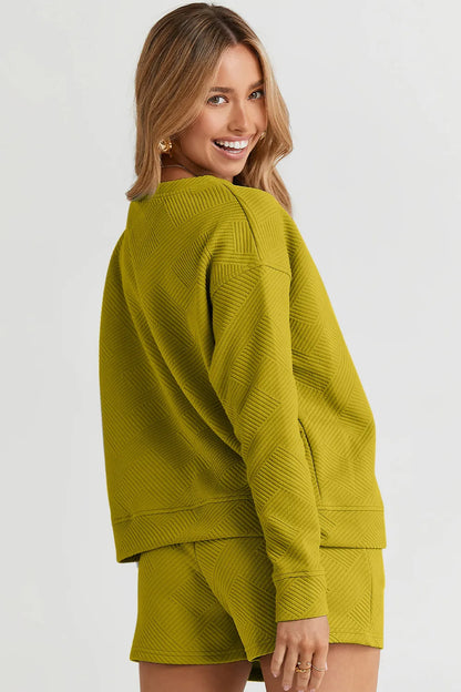 Hazel Blues® |  Double Take Texture Long Sleeve Top and Drawstring Shorts Set