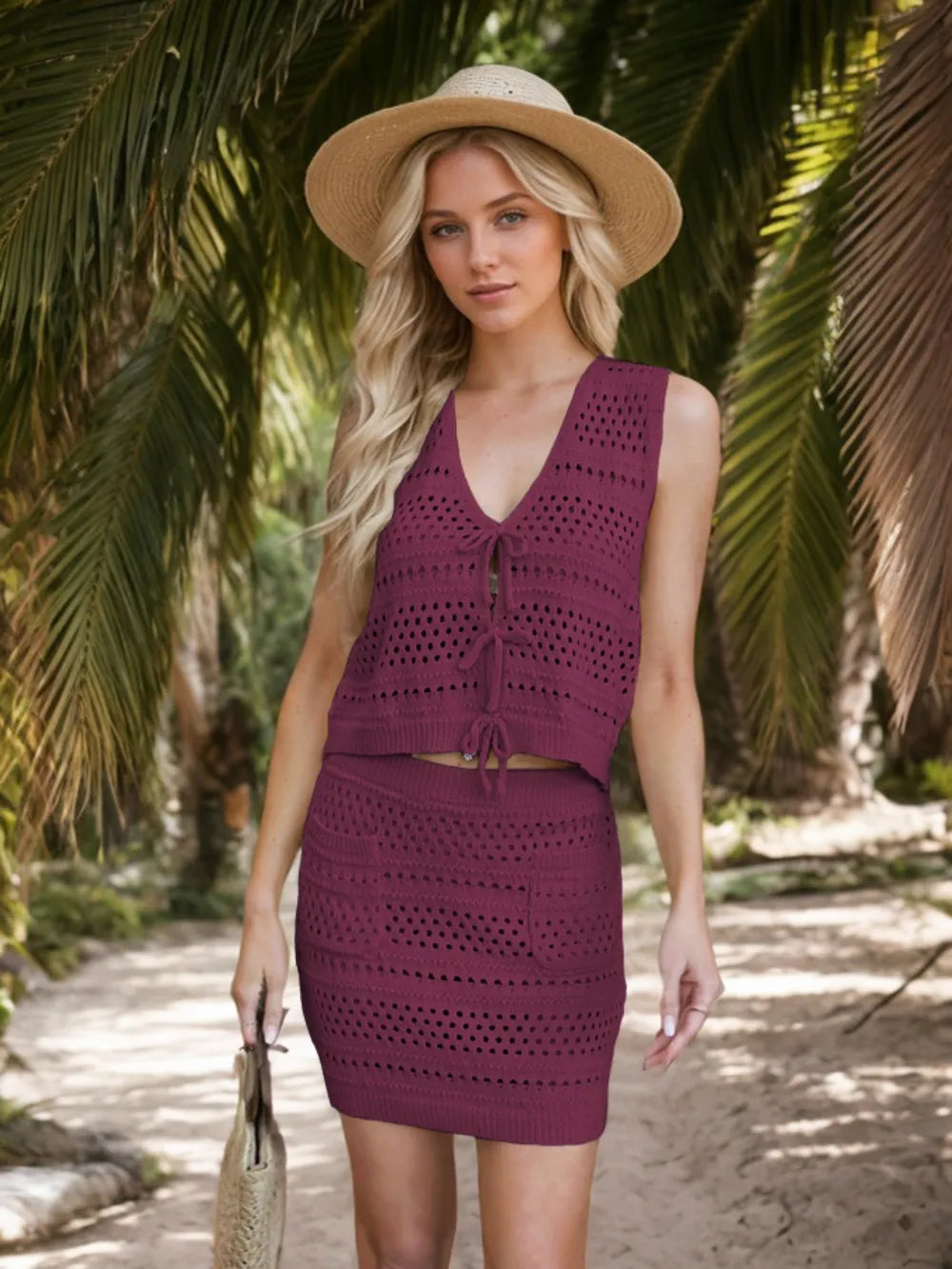 Hazel Blues® |  Openwork V-Neck Top and Skirt Knit Cover Up Set