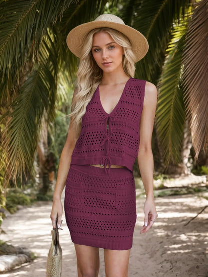 Hazel Blues® |  Openwork V-Neck Top and Skirt Knit Cover Up Set