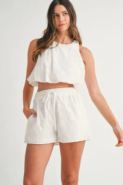 Hazel Blues® |  MABLE Eyelet Bubble Hem Sleeveless Top and Shorts Set