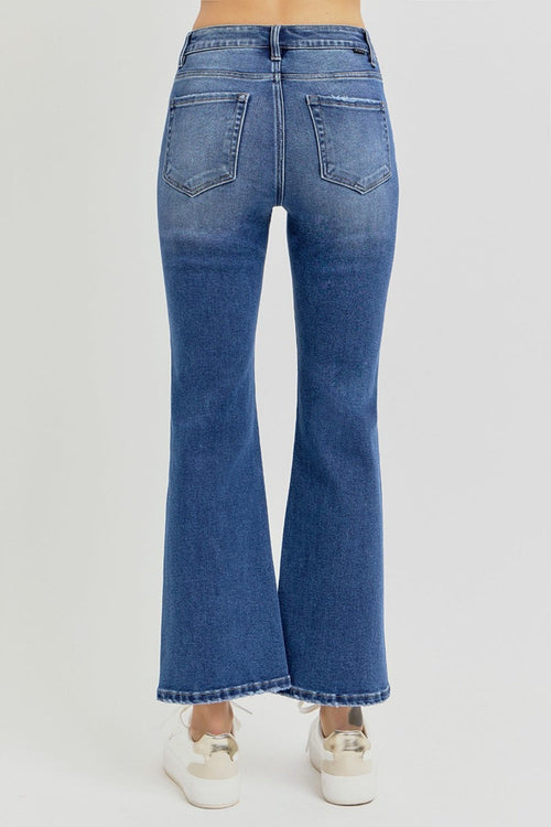 Hazel Blues® |  RISEN Distressed High Rise Crop Flare Jeans