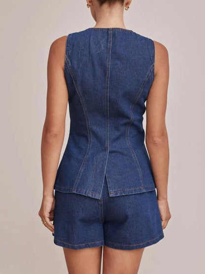 Hazel Blues® |  Button Down Vest and Shorts Denim Set
