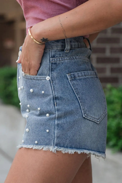 Hazel Blues® |  Pearl Beaded Raw Hem Wash Denim Shorts