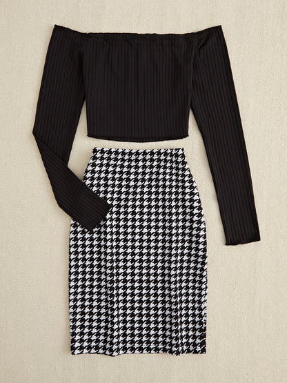 Hazel Blues® |  Off-Shoulder Long Sleeve Top and Houndstooth Skirt Set
