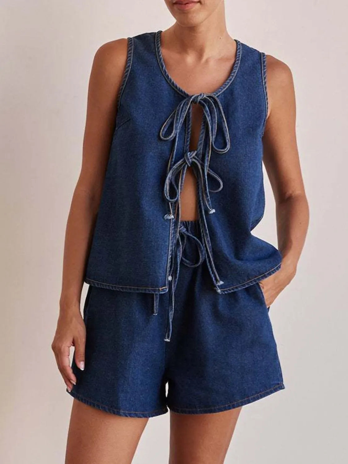 Hazel Blues® |  Tie Front Vest and Shorts Denim Set