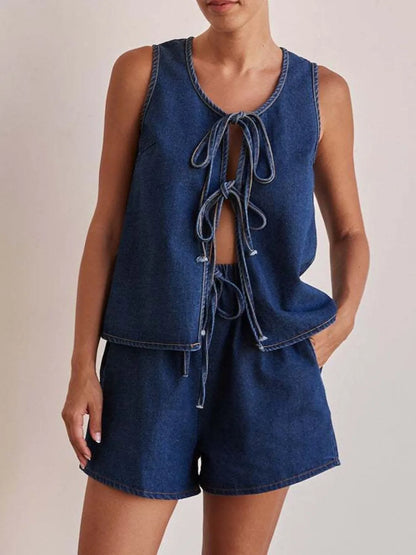 Hazel Blues® |  Tie Front Vest and Shorts Denim Set