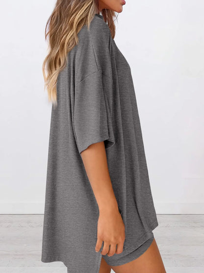 Hazel Blues® | Oversized Slit Round Neck Top and Shorts Lounge Set
