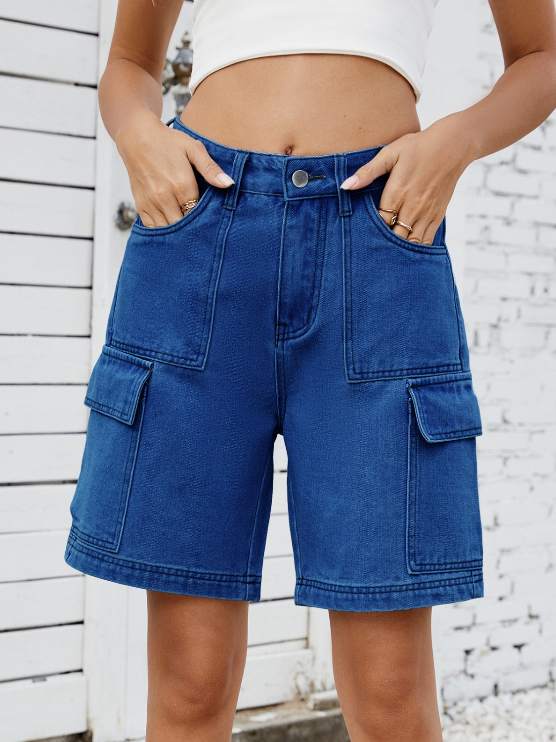 Hazel Blues® |  High Waist Denim Shorts with Cargo Pockets