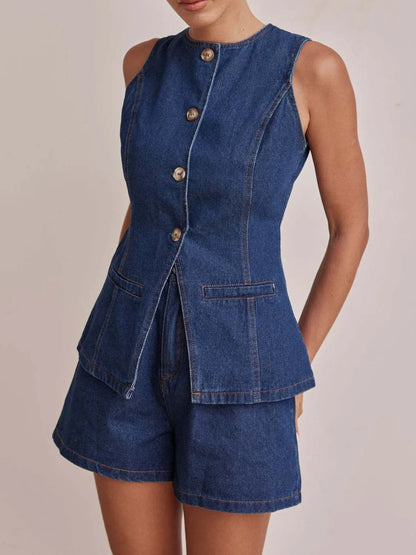 Hazel Blues® |  Button Down Vest and Shorts Denim Set