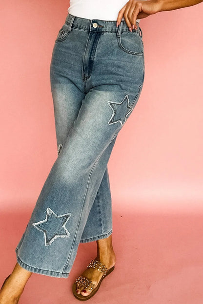 Hazel Blues® |  Star Embroidered High Waist Wide Leg Jeans