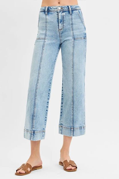 Hazel Blues® | RISEN High Rise Crop Wide Front Seam Detailed Jeans