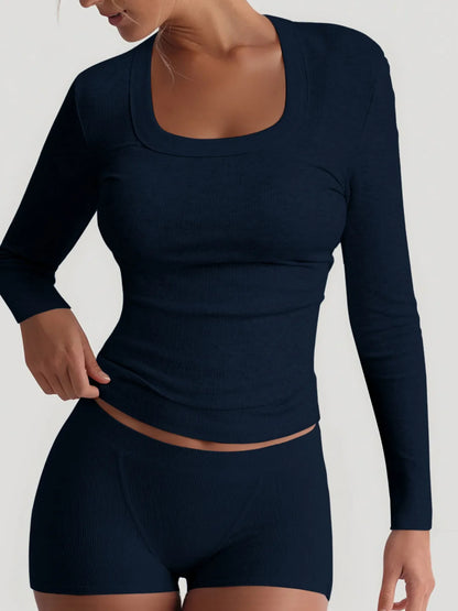 Hazel Blues® |  Square Neck Long Sleeve Top and Shorts Set