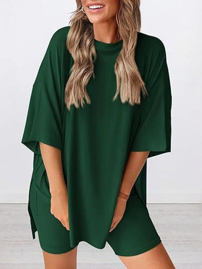 Hazel Blues® | Oversized Slit Round Neck Top and Shorts Lounge Set