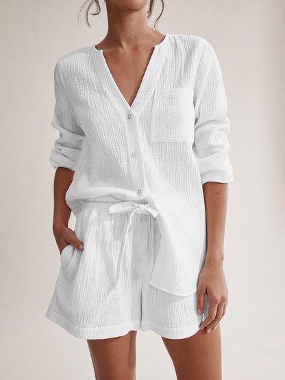 Hazel Blues® |  Notched Long Sleeve Top and Shorts Set