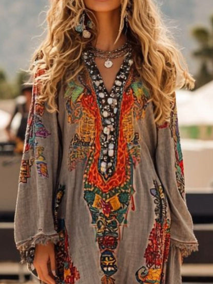 Hazel Blues® |  Fringe Hem Notched Long Sleeve Dress