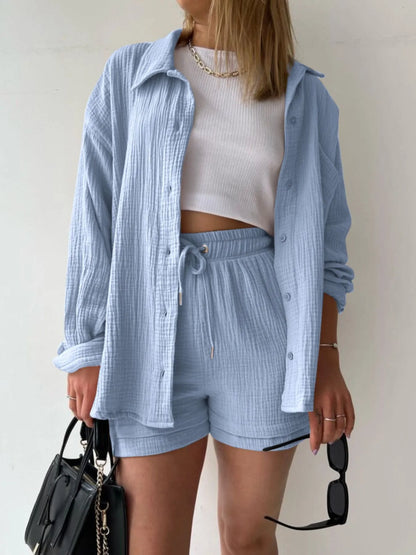 Hazel Blues® |  Textured Button Up Shirt and Shorts Set