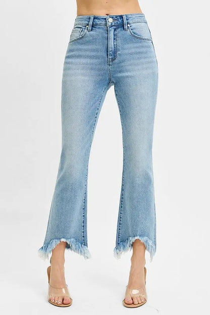 Hazel Blues® |  RISEN High Rise Crop Bootcut Fray Hem Jeans