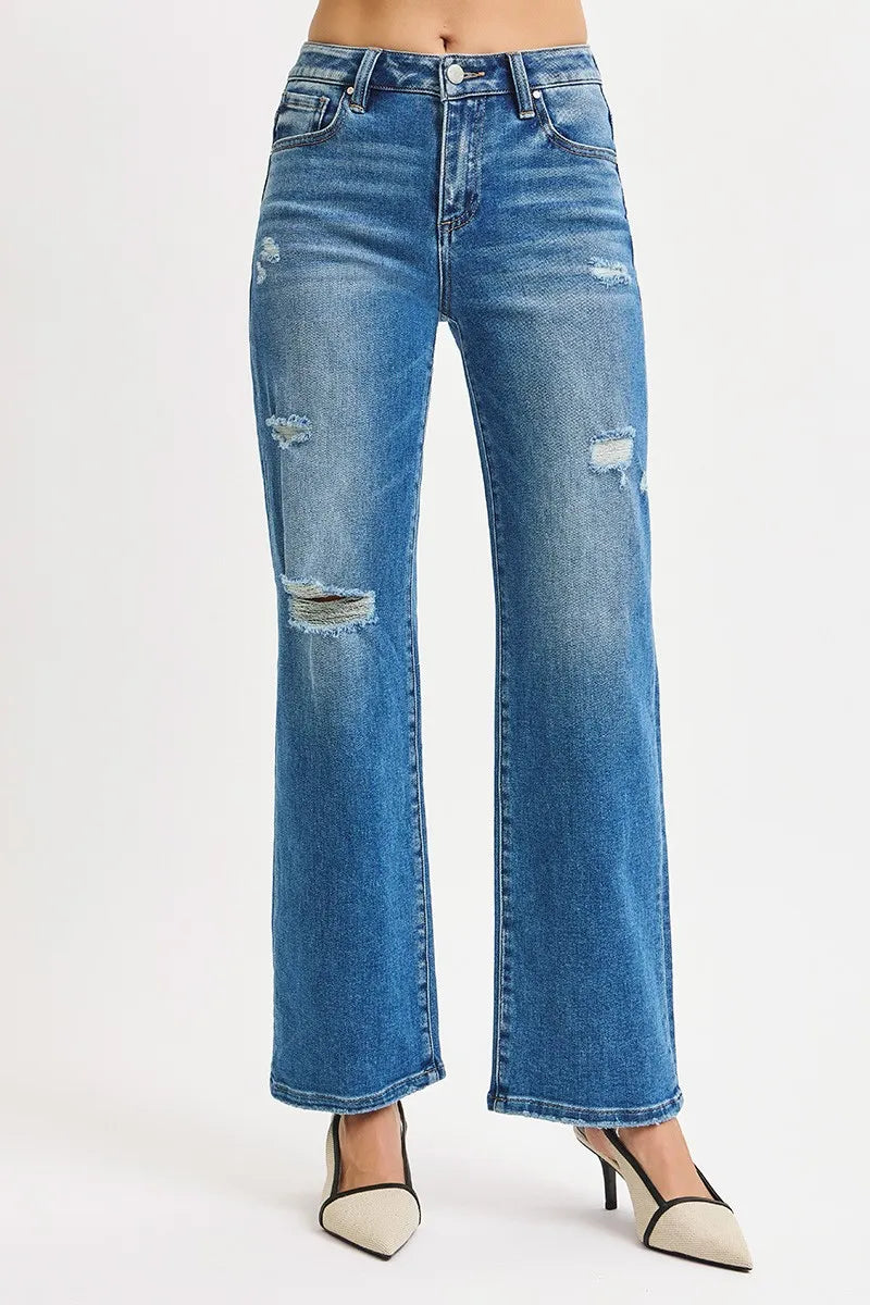 Hazel Blues® | RISEN High Rise Ankle Straight Front Body Distressed Jeans