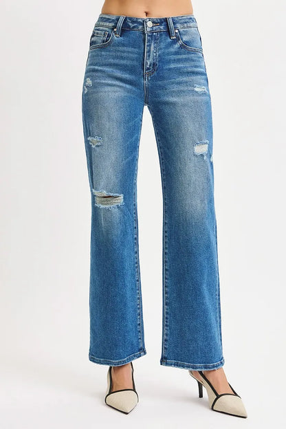 Hazel Blues® | RISEN High Rise Ankle Straight Front Body Distressed Jeans