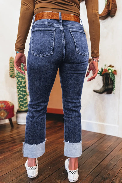 Hazel Blues® |  Folded Cuffs Distressed Straight High Waist Jeans