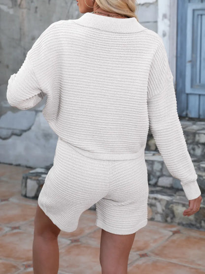 Hazel Blues® |  Johnny Collar Long Sleeve Top and Shorts Sweater Set