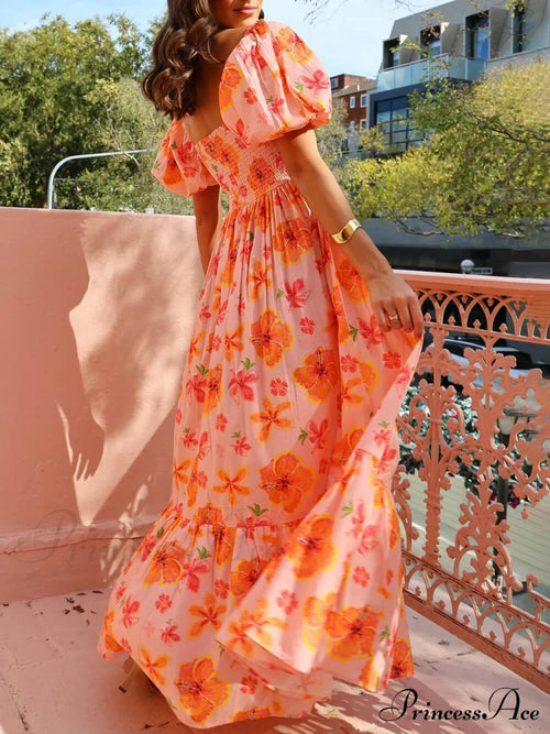 Floral Puff Sleeve Smocked Maxi Dress