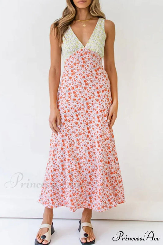 Floral Print V Neck Dress with Contrast Detail and Tie-back