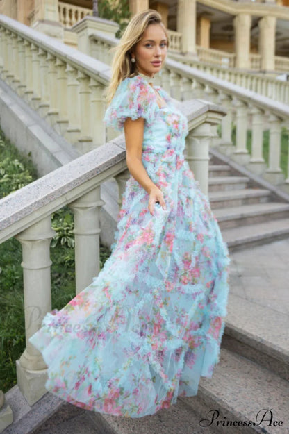 Floral Tulle Puff Sleeve Bow Tie Maxi Dress