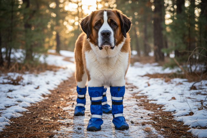 St. Bernard wearing blue protective dog boots - front ground-level view