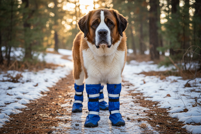 St. Bernard wearing blue protective dog boots - front ground-level view