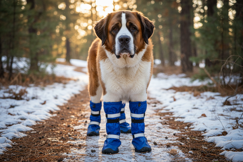 St. Bernard wearing blue protective dog boots - front ground-level view