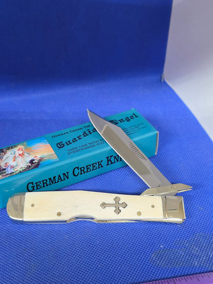 Guardian Angel Lock Back Cheetah Knife White Bone Handles 4 3/8" EM2567052WBN