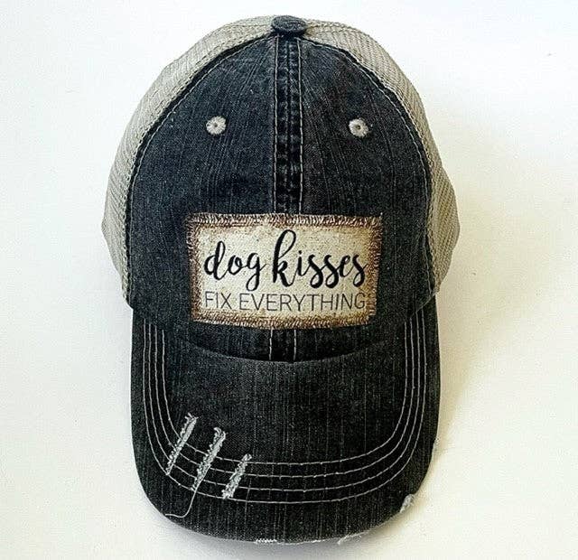 Jana's Flannels - DOG KISSES FIX EVERYTHING DISTRESSED TRUCKER HAT - Dog.Dog.Cat.