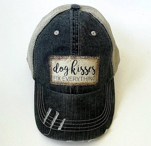 Jana's Flannels - DOG KISSES FIX EVERYTHING DISTRESSED TRUCKER HAT - Dog.Dog.Cat.