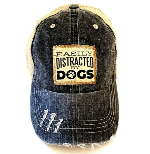 Jana's Flannels - EASILY DISTRACTED BY DOGS DISTRESSED TRUCKER HAT - Dog.Dog.Cat.