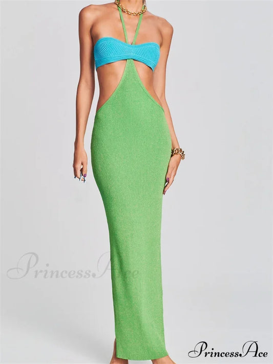 Knitted Patchwork for Women Halter Lace-up Backless Off Shoulder Hollow Out Summer Vestidos New