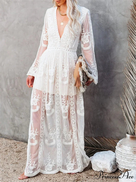 Lace Floral Mesh See Through Summer Deep V-neck Lantern Sleeve Beach Female Vestidos