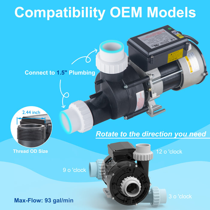 LINGXIAO 0.75HP Spa & Whirlpool Bathtub Pump 110-120V | 77GPM | LX Motor | Model WCA75