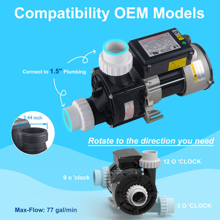 LINGXIAO 0.75HP Spa & Whirlpool Bathtub Pump 110-120V | 77GPM | LX Motor | WCH75
