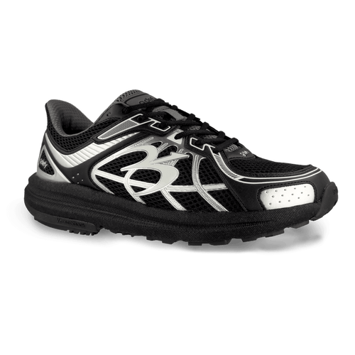 Men's black mesh running shoe with silver accents on the side and a thick black VersoShock sole.
